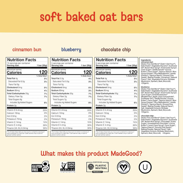 MadeGood Mornings Soft-Baked Oat Bars Variety Pack, 30 count, certified organic, gluten-free, vegan, kosher, non-GMO