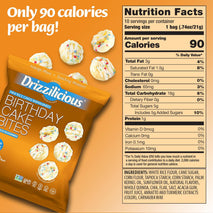 Mini flavored rice cakes in birthday cake flavor, 90 calories per bag, vegan and gluten free