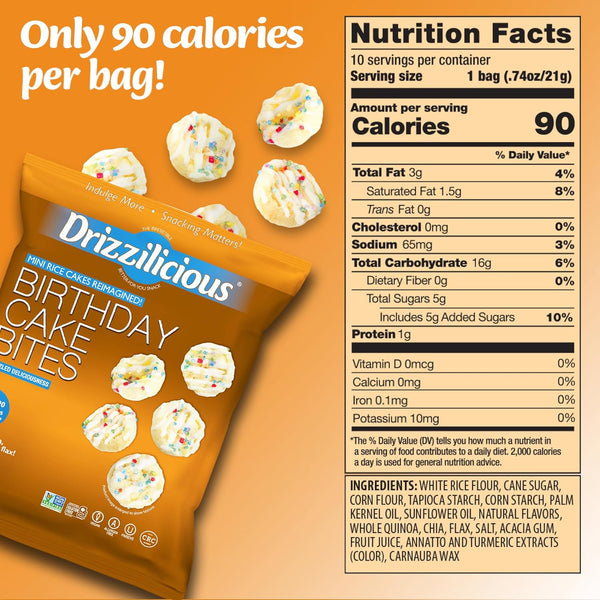 Mini flavored rice cakes in birthday cake flavor, 90 calories per bag, vegan and gluten free