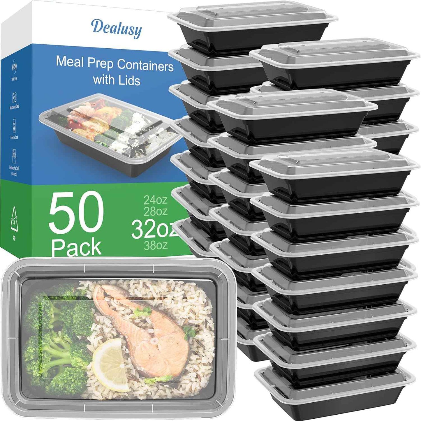 50 Pack (100-Piece) 28 oz Meal Prep Containers Reusable with Lids, Sturdy Leakproof & Food Safe, Microwave, Freezer, Dishwasher Safe Prep Containers, To Go Take Out Plastic Food Storage