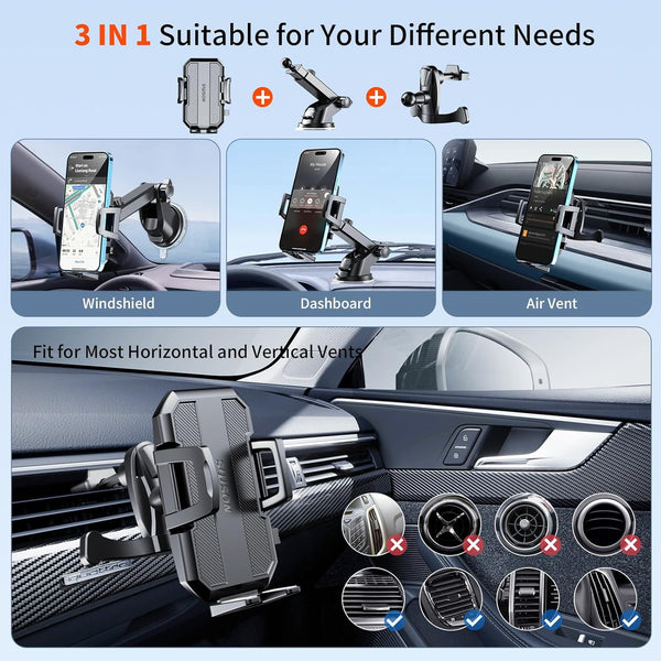 SUUSON Upgraded 3-in-1 Car Phone Holder Mount for Dashboard, Windshield, and Air Vent