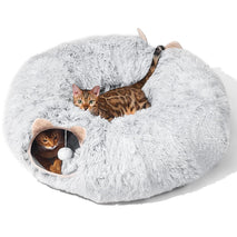 Grey cat tunnel with cat bed for indoor cats, multifunctional playground with hideplace for kittens, rabbits, ferrets