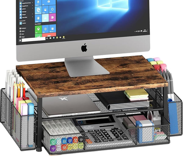 2-Tier Computer Monitor Stand Riser with Drawer and Pen Holders for Office Supplies