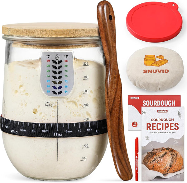 1L (34oz) Sourdough Starter Jar Kit - Wide Mouth Glass Sour Dough Bread Crock Set with Accessories