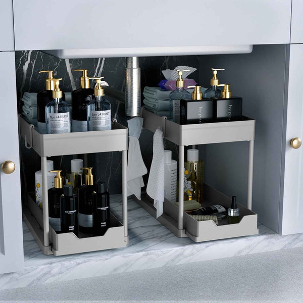 DEKAVA Under Sink Organizer 2 Pack, Bathroom Cabinet Organizer, 2 Tier Sliding Cabinet Basket Organizer Drawer, Multi-Purpose Bath Collection Baskets for Bathroom (Black)