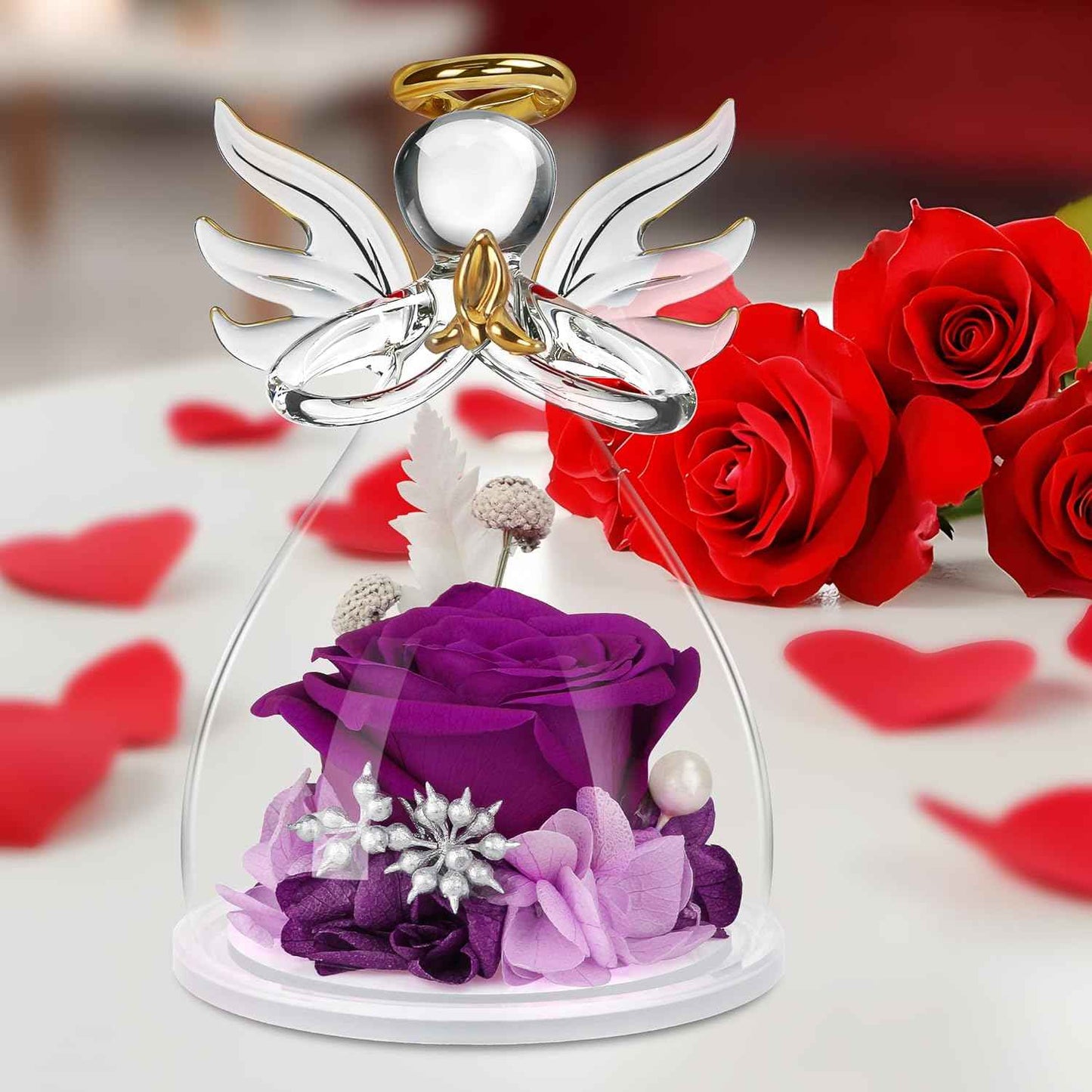 Valentines Day Rose Gifts for Her,Fresh Flowers for Delivery,Birthday Gifts for Women Mom,Preserved Flowers in Glass Angel Figurine,Angel Mothers Day Rose Gift for Mom Grandma,Purple Gift Valentines