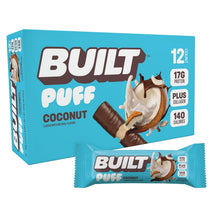 built bar coconut puff protein bars, 17g protein, 140 calories, 6g sugar, collagen, gluten free, 12 count
