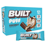 built bar coconut puff protein bars, 17g protein, 140 calories, 6g sugar, collagen, gluten free, 12 count