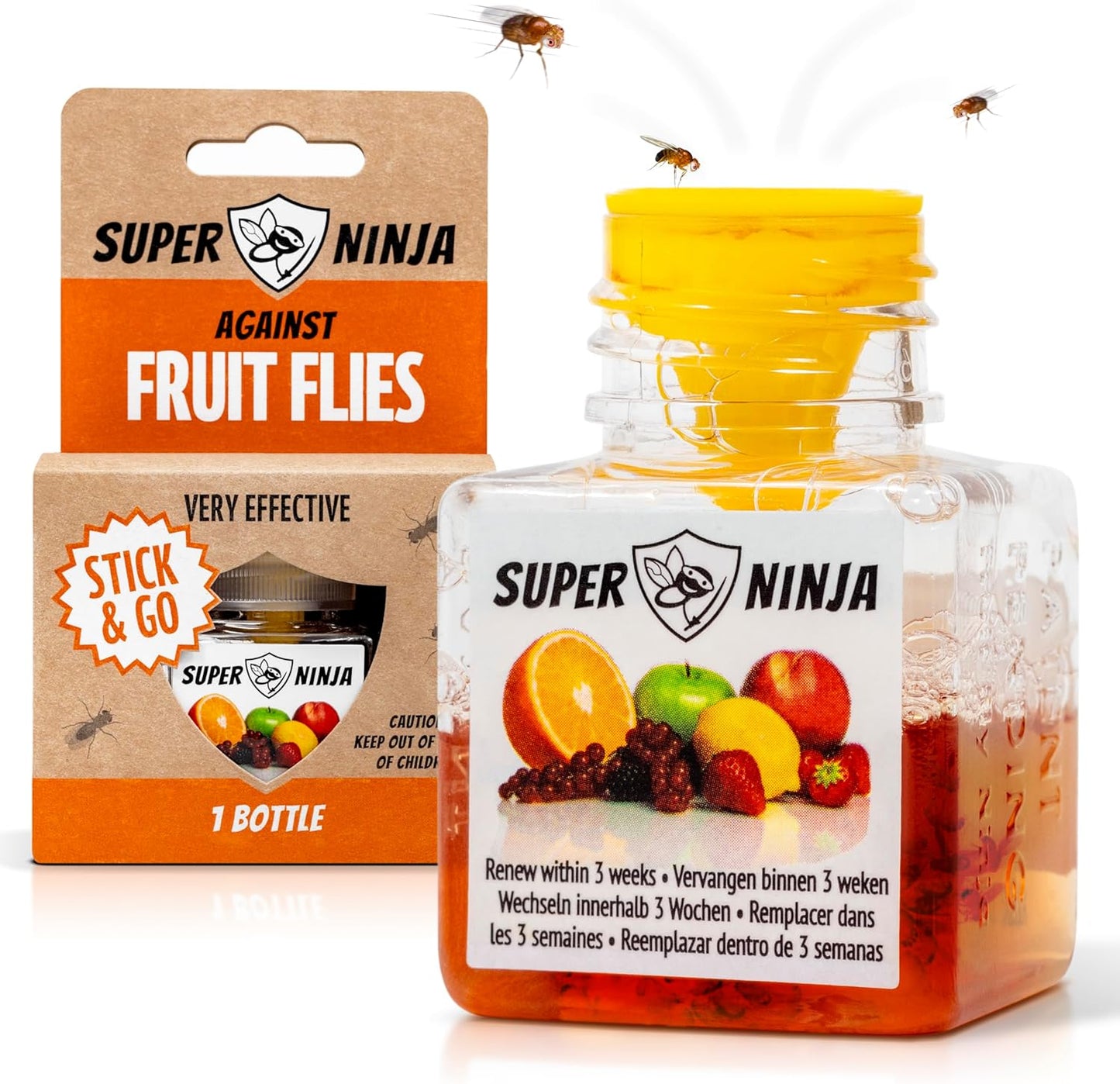 Super Ninja Fruit Fly Traps for Indoors - 4 Pack, Highly Effective Fruit Fly Catcher for Indoor Use for Home & Kitchen, Up to 3 Weeks of Performance per Bottle, Kid & Pet Friendly