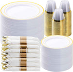 BESTVIP 700PCS Gold Plastic Dinnerware Set for 100 Guests, Disposable Plates for Party, Include: 200 Plastic Plates, 100 Pre Rolled Napkins with Gold Silverware, 100 Cups for Christmas, Halloween
