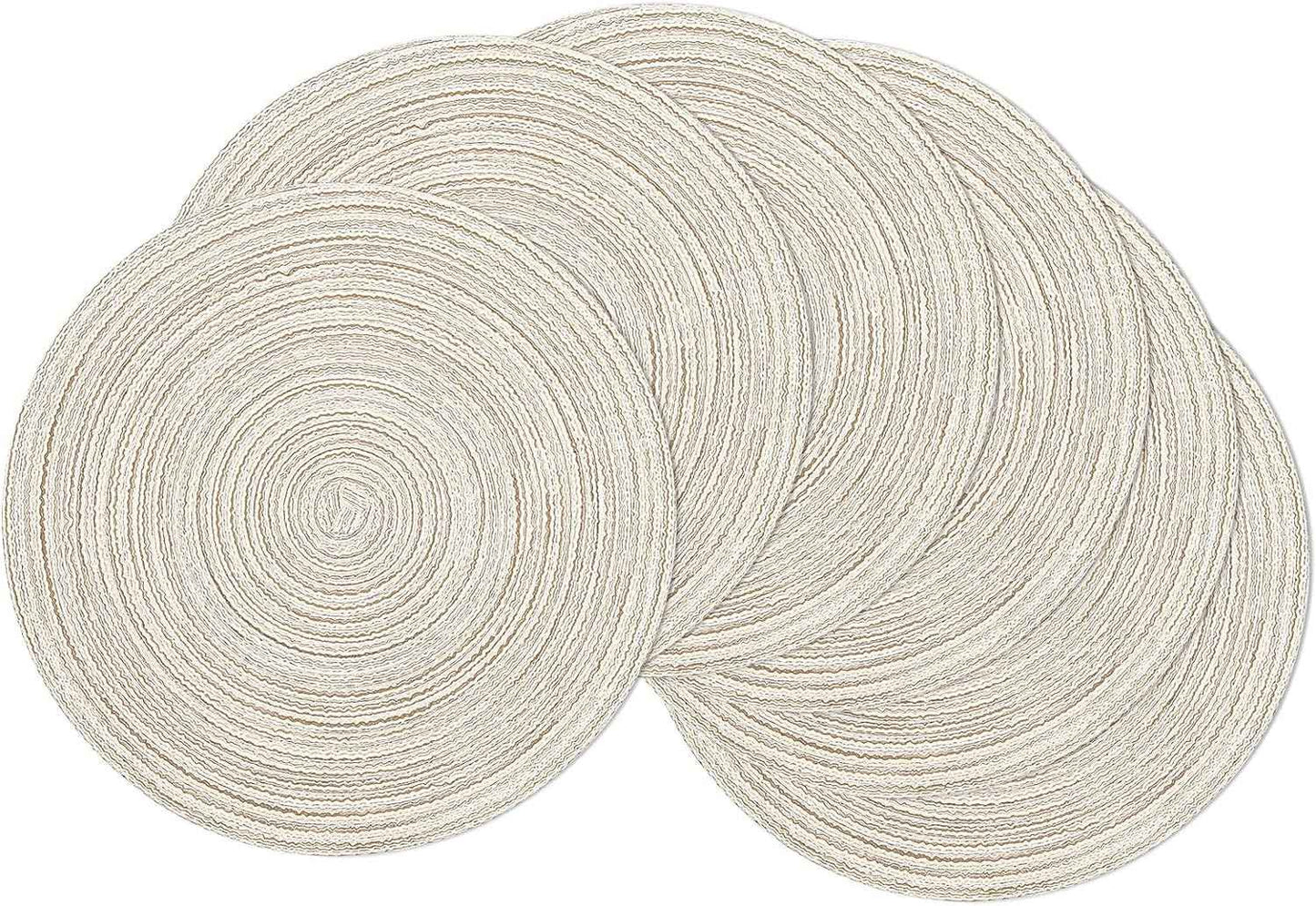 SHACOS 15 inch Round Braided Placemats Set of 6 Non Slip Heat Resistant Cotton Polyester Table Mats Washable Place Mats for Kitchen Dining Party Table Decor (Beige, 6)