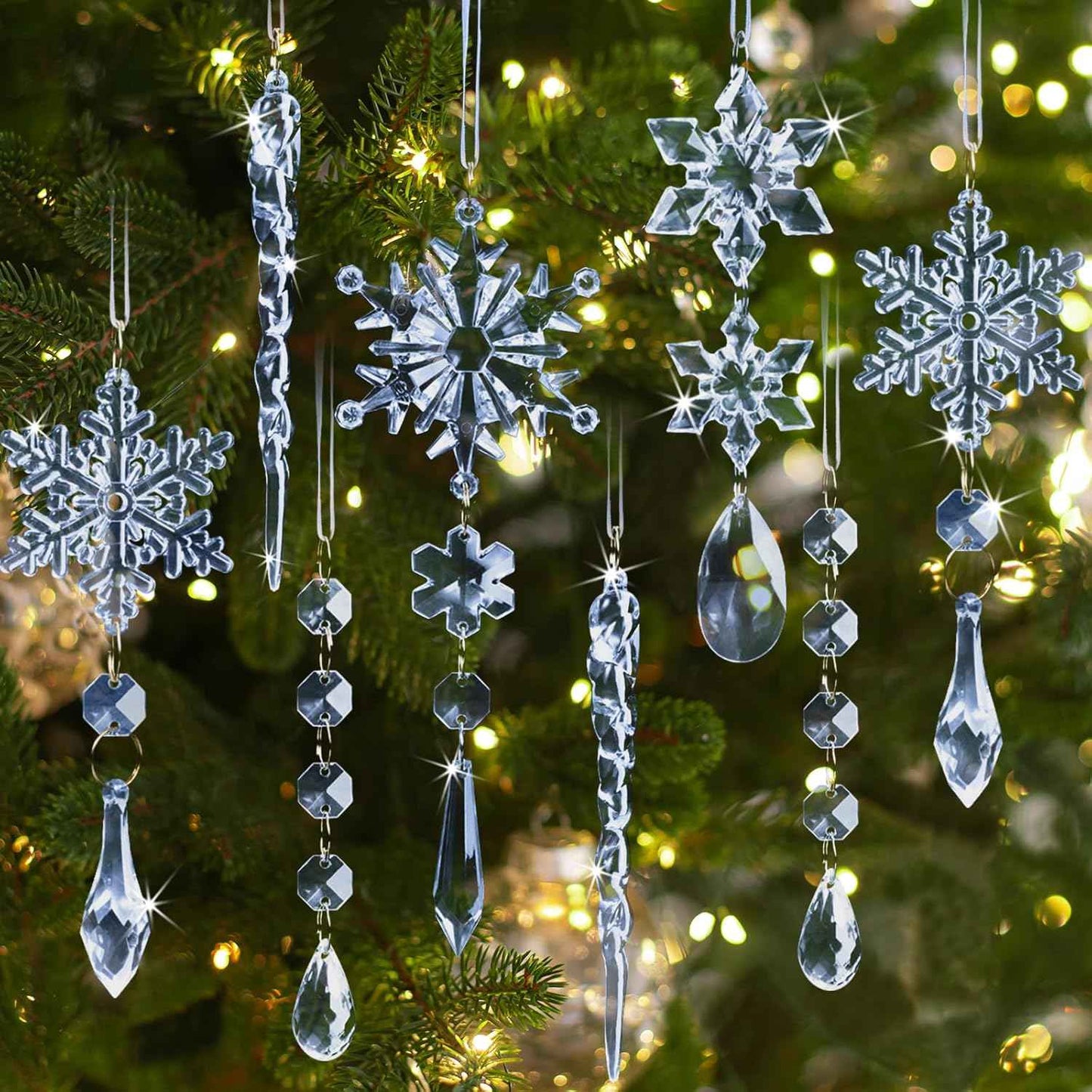 18pcs Crystal Christmas Ornaments for Tree Decorations-Hanging Acrylic Snowflake Icicle Ornaments with Drop Pendants for Winter Wonderland Chandelier Crystals Decorations Supplies