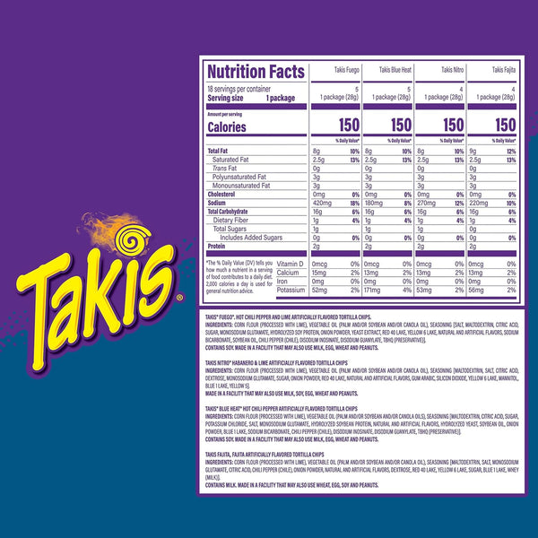 Takis 18 pc / 1 oz Variety Pack, Assorted Flavored Rolled Corn Tortilla Chips