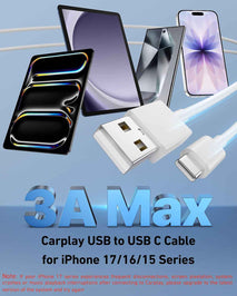 Car Carplay Cable for iPhone 17/17 Pro/Air/16e/16/15 Pro Max/Plus Cable, 2Pack USB A to USB C for CarPlay USBC Cord, iPad, Galaxy, Pixel, Android Accessories Charging Wire Type-C Car Charger Cord 3FT
