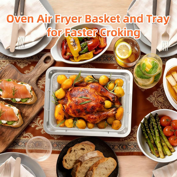 Air Fryer Tray Replacement for Cuisinart TOA-60 TOA-65 TOA-70 Convection Toaster Oven Tray Replacement, 12.4"x11" Steel Baking Pan and Wire Rack Mesh Basket Accessories Parts, NonStick/Dishwasher Safe