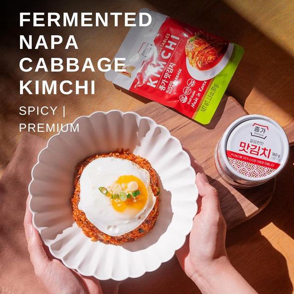 Spicy fermented kimchi napa cabbage in convenient pouches for ramen and stir-fries