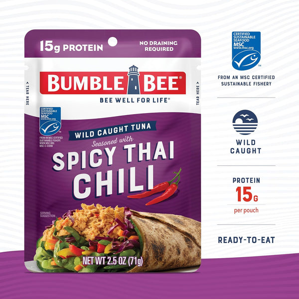 Bumble Bee Spicy Thai Chili Seasoned Tuna Pouch - Wild Caught, Ready to Eat, 15g Protein per Serving, 2.5 oz Packet (Pack of 12)