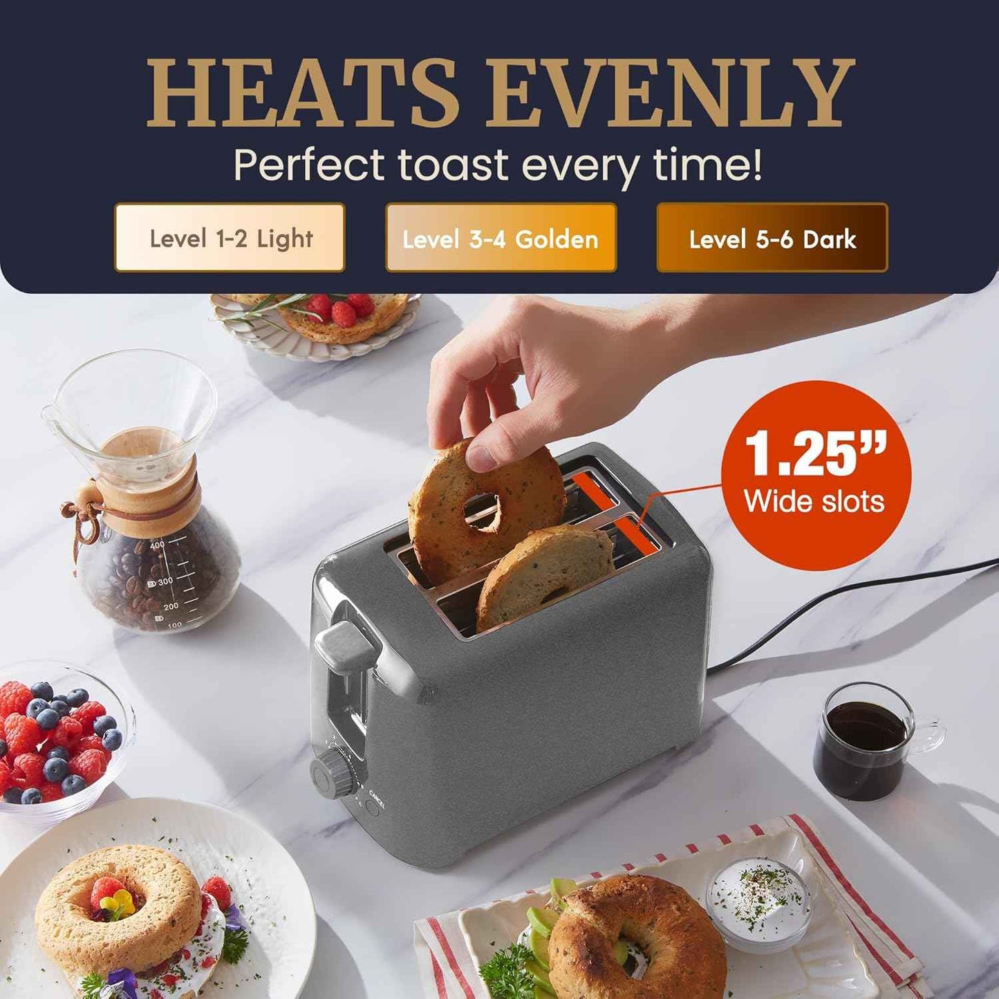 Elite Gourmet ECT1027G Cool-Touch 2 Slice Toaster, 6 Toast Settings & Cancel Function, Extra Wide 1.25” Slots Easily Fits Breads, English Muffins, Bagels & Waffles, Gunmetal Gray