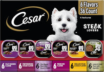 cesar steak lovers variety pack adult wet dog food real meat 36 count 3.5 oz easy peel trays