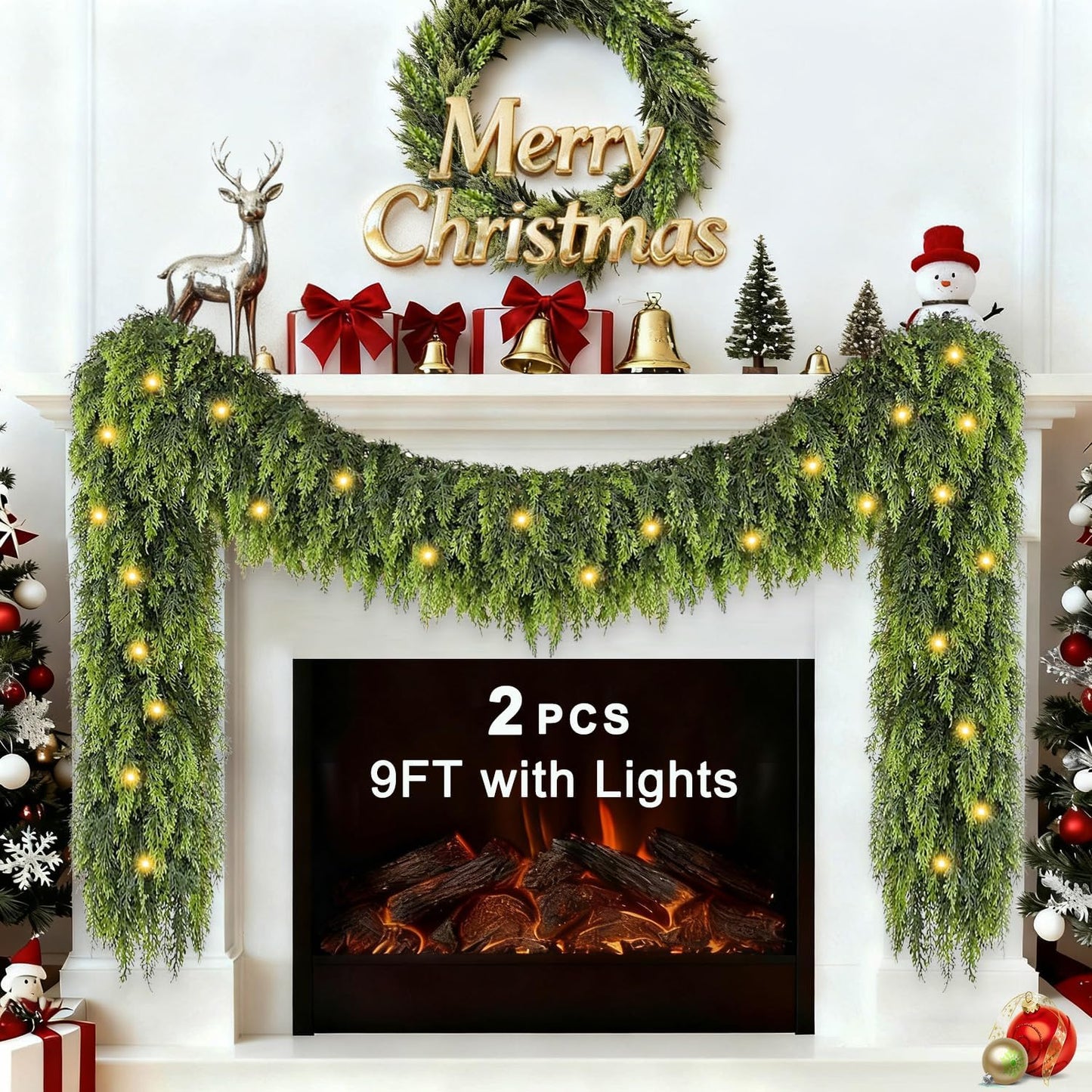 9FT Cedar Garland with Lights, Prelit Christmas Garland Artificial Realistic, Real Touch Pine Christmas Garland for Mantle Stairs Outdoor Decoration, Battery Operated Faux Greenery Garlands Thick Lush