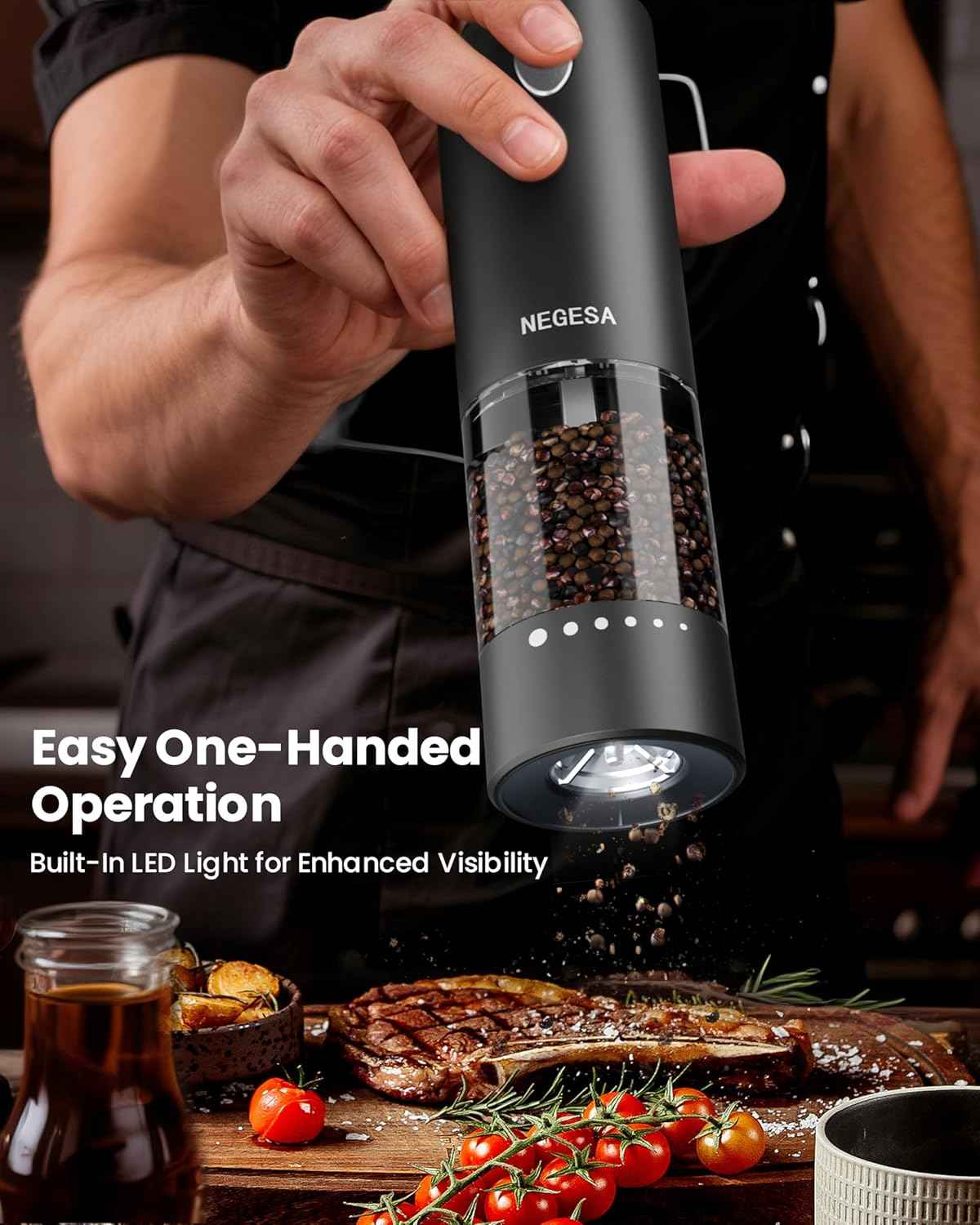 Electric Salt and Pepper Grinder Set with Rechargeable Base - Automatic Refillable Electric Salt and Pepper Shakers with Large Capacity, LED Light & Adjustable Coarseness, Black