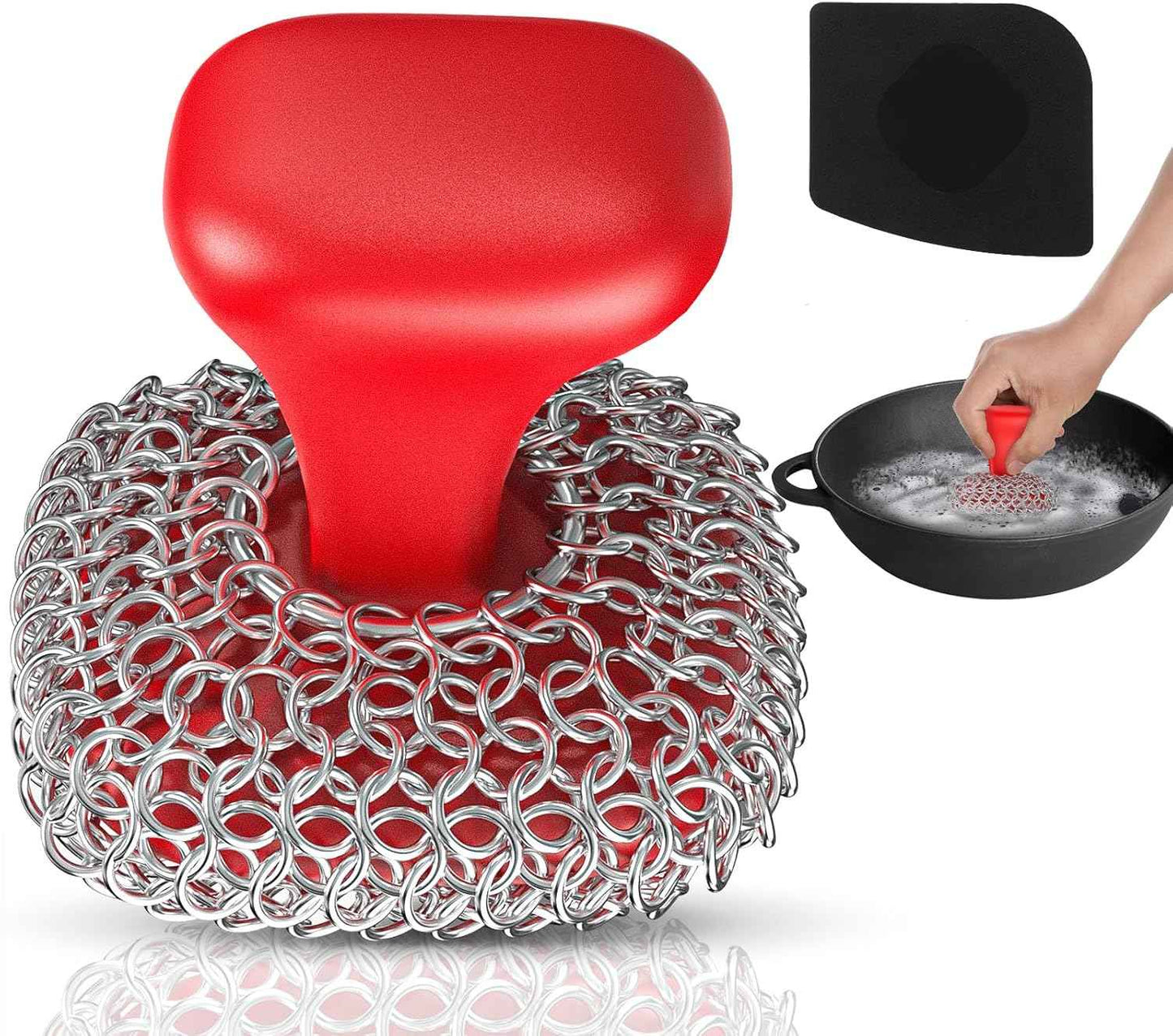 Purgreat Cast Iron Scrubber | Dish Scrub Brush | 316 Cast Iron Cleaner Chainmail Scrubber for Pan Skillet Cleaner - Dish Scouring Pad Dishwasher Safe Cleaning Kit, Black 03