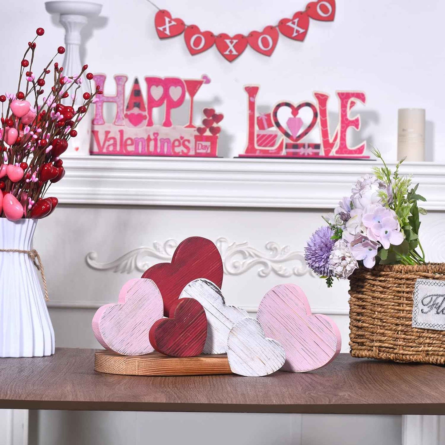 6PCS Valentine's Day Wooden Heart Block Set, Rustic Valentines Day Decorations for Tiered Tray Decor, Candy Heart Valentines Table Decor, Wooden Hearts Decor for Valentine's Day Centerpiece (6PCS)
