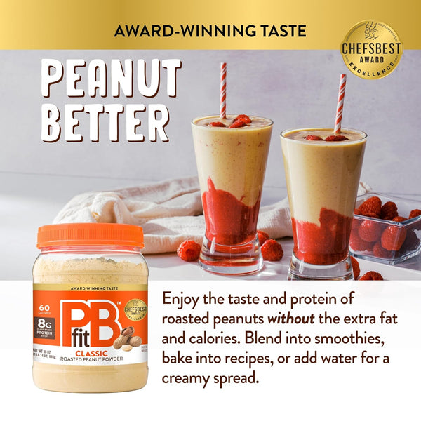 PBfit 30 Ounce Classic Peanut Butter Powder, 8g protein, gluten-free, 87% less fat, low calorie, non-GMO, dairy-free, soy-free, kosher, real roasted peanuts