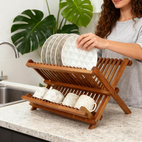 Teak Dish Drainer Rack Collapsible 2 Tier Dish Rack for Kitchen Countertop