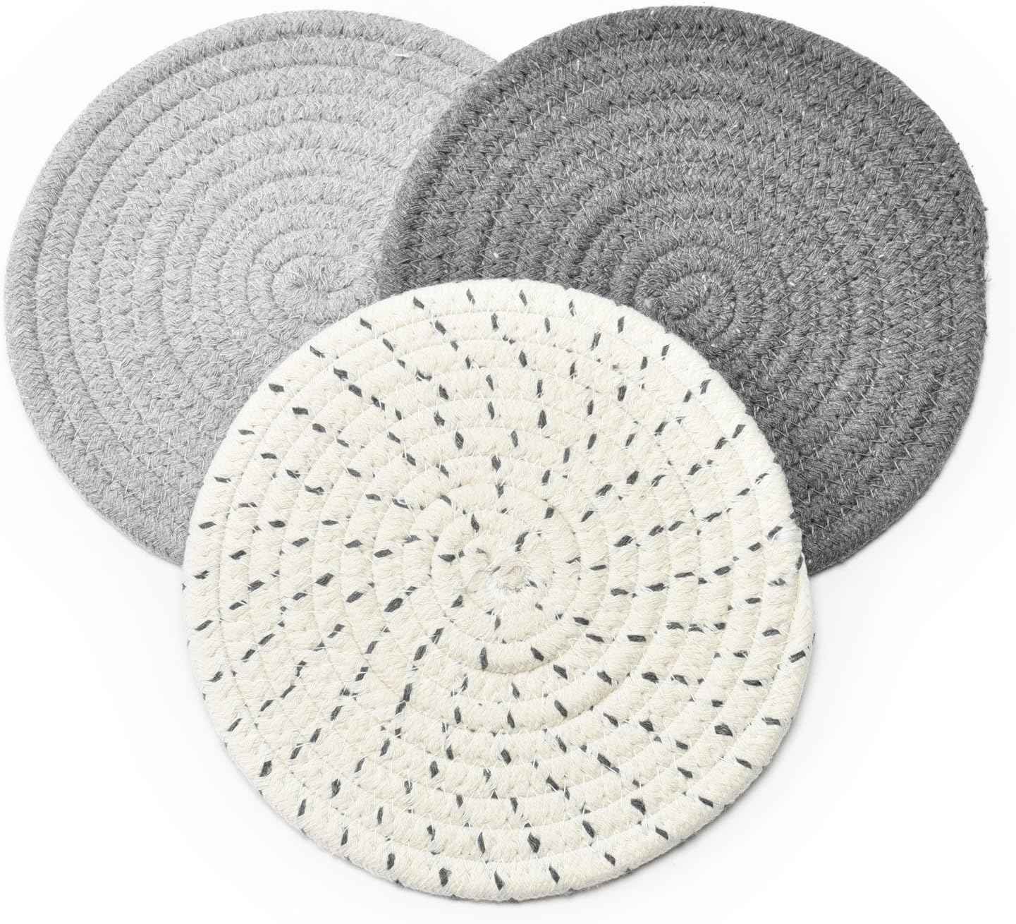 Potholders Set Trivets Set 100% Pure Cotton Thread Weave Hot Pot Holders Set (Set of 3) Stylish Coasters, Hot Pads, Hot Mats,Spoon Rest For Cooking and Baking by Diameter 7 Inches (Gray)