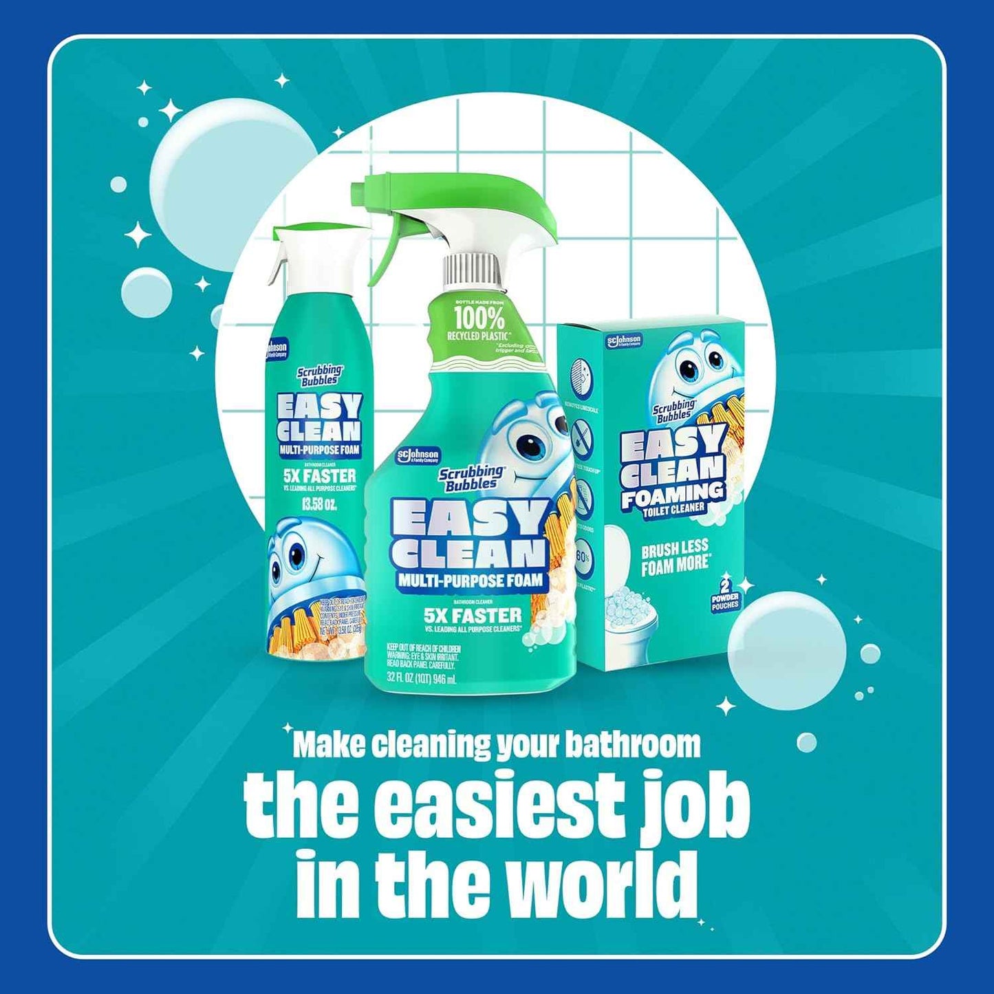 Scrubbing Bubbles Easy Clean Foaming Multipurpose Bleach-Free Bathroom Cleaner, Fast-Acting Foam Cleans Limescale, Dirt and Grime on Showers, Sinks, Toilets, Tiles, Counters, & More, 32oz Spray