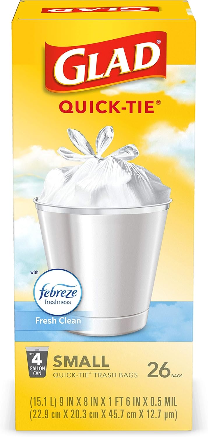 Glad Small Trash Bags 4 Gallon, Febreze Fresh Clean Garbage Bags, Odor Resistant with Quick Tie, 26 Count