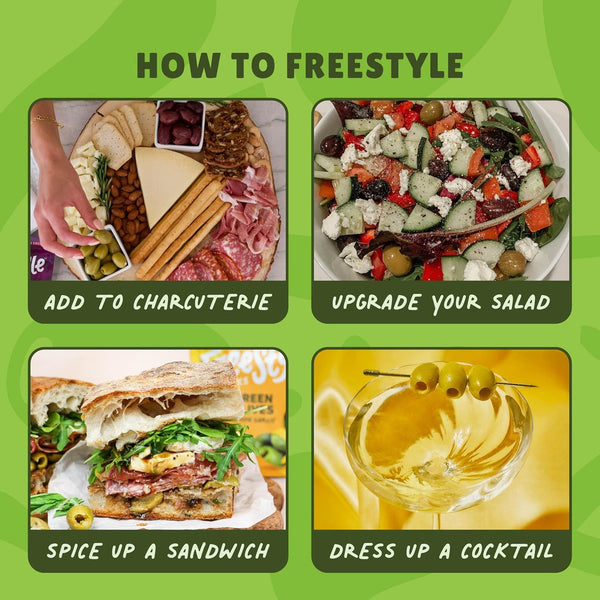 Freestyle Snacks Olive Snack Packs - Single Serve - Fresh Pitted Green Olives, Grown in Greece, All Natural, Non-GMO, Sugar-Free, Salty Snack - Variety