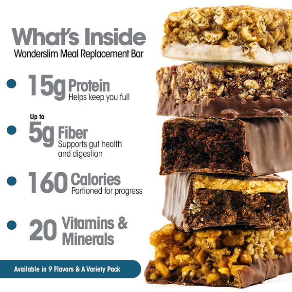 WonderSlim Meal Replacement Protein Bar Variety Pack 15g Protein 20 Vitamins and Minerals