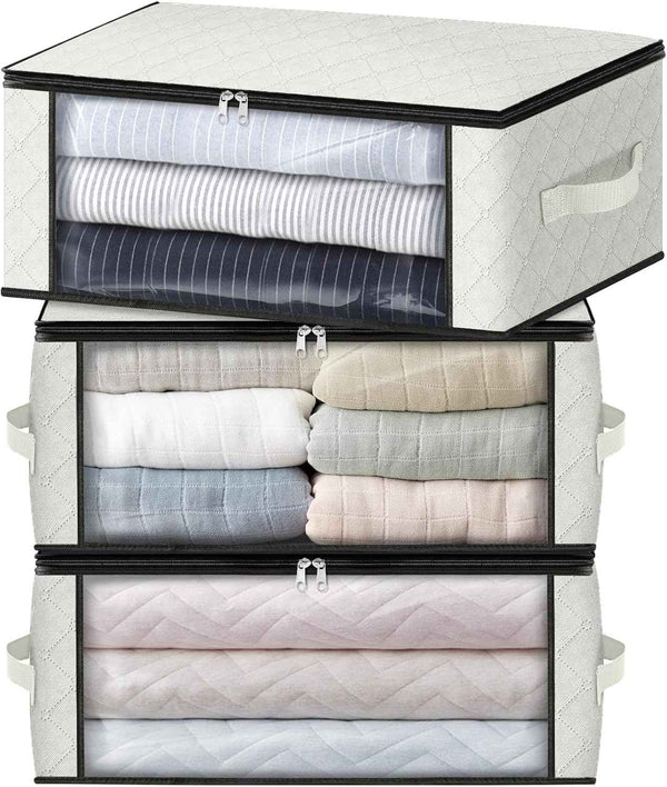 HomeHacks Storage 3-Pack Clothes Organizer Storage Bags Foldable Storage Box with Large Clear Window Sturdy Handles for Closet, Dorm, Pillows, Bedding, Clothes, Blankets, 35L, Gray