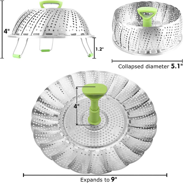 Consevisen Vegetable Steamer Basket for Cooking Food, Stainless Steel Veggie Steam Basket for Pot, Folding Expandable Steaming Insert with Extendable Handle Fits Various Size Pot, 5.1" to 9"