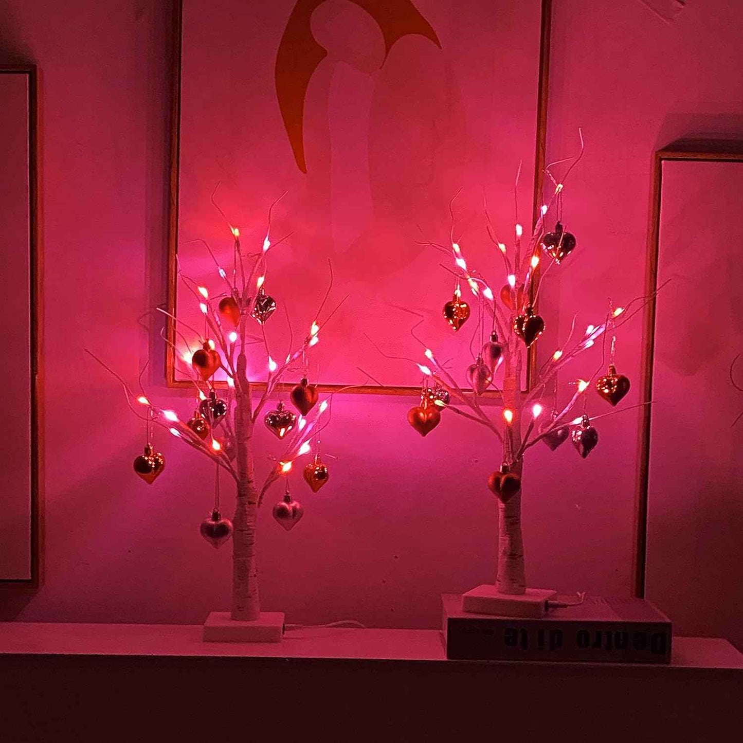 2Pack Valentines Day Decor Lighted Birch Tree with Heart-Shaped Ornaments,USB&Battery Operated Light Up Artificial Tree for Home Indoor Party Valentines Day Decorations (Red + Pink)
