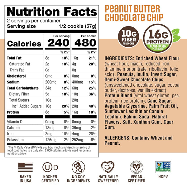 Lenny & Larry's Protein Cookies, Peanut Butter Chocolate Chip, 16g Plant Protein, 10g Fiber, Soft-Baked, Vegan, Non-GMO, 4oz, Pack of 12