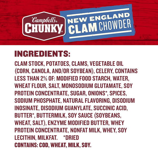 Campbell's Chunky New England Clam Chowder Soup, 18.8 Oz Can, Microwavable, 12 Grams Protein