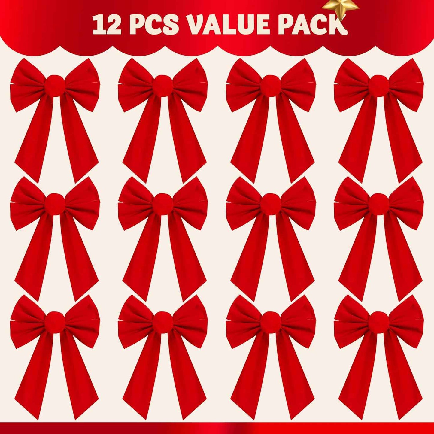 JOYIN 12 Pack Christmas Red Velvet Bows, 13" Long by 9" Wide Decorative Christmas Bows for Wreath Garland Tree Decor, Indoor Outdoor Holiday Decorations