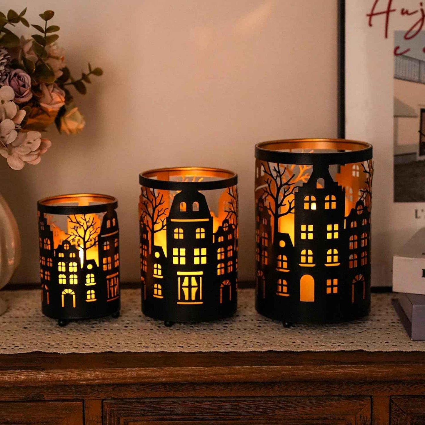 TRIROCKS Christmas Candle Lantern 7" H Etched Metal Candle Holder Christmas Decorations for Living Room Kitchen Tabletop Parties Patio Outdoors Indoors(3PCS;Bronze House)