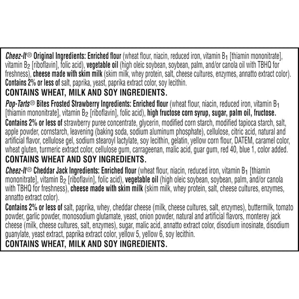 Cheez-It and Pop-Tarts snacks variety pack, 30 count, 33.42oz box, wheat, milk, and soy ingredients