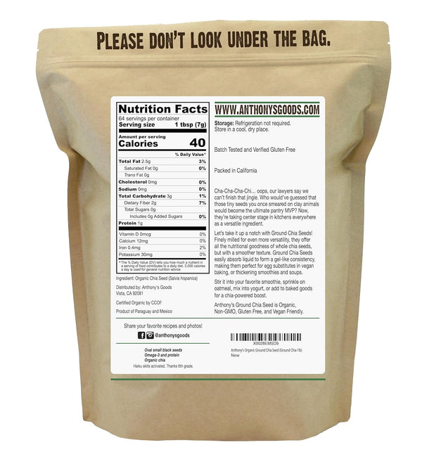 Anthony's Organic Ground Chia Seed, 1 lb, Finely Ground, Cold Milled, Gluten Free, Non GMO