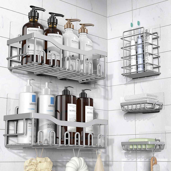 EUDELE Adhesive Shower Caddy, 5 Pack Rustproof Stainless Steel Bath Organizers With Large Capacity, No Drilling Shelves for Bathroom Storage & Home Decor
