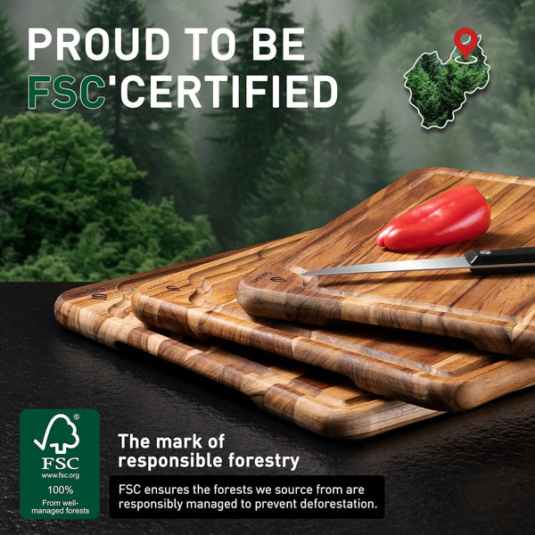 Teak Wood Cutting Board Set for Kitchen with Non-Slip Base and Durable Construction