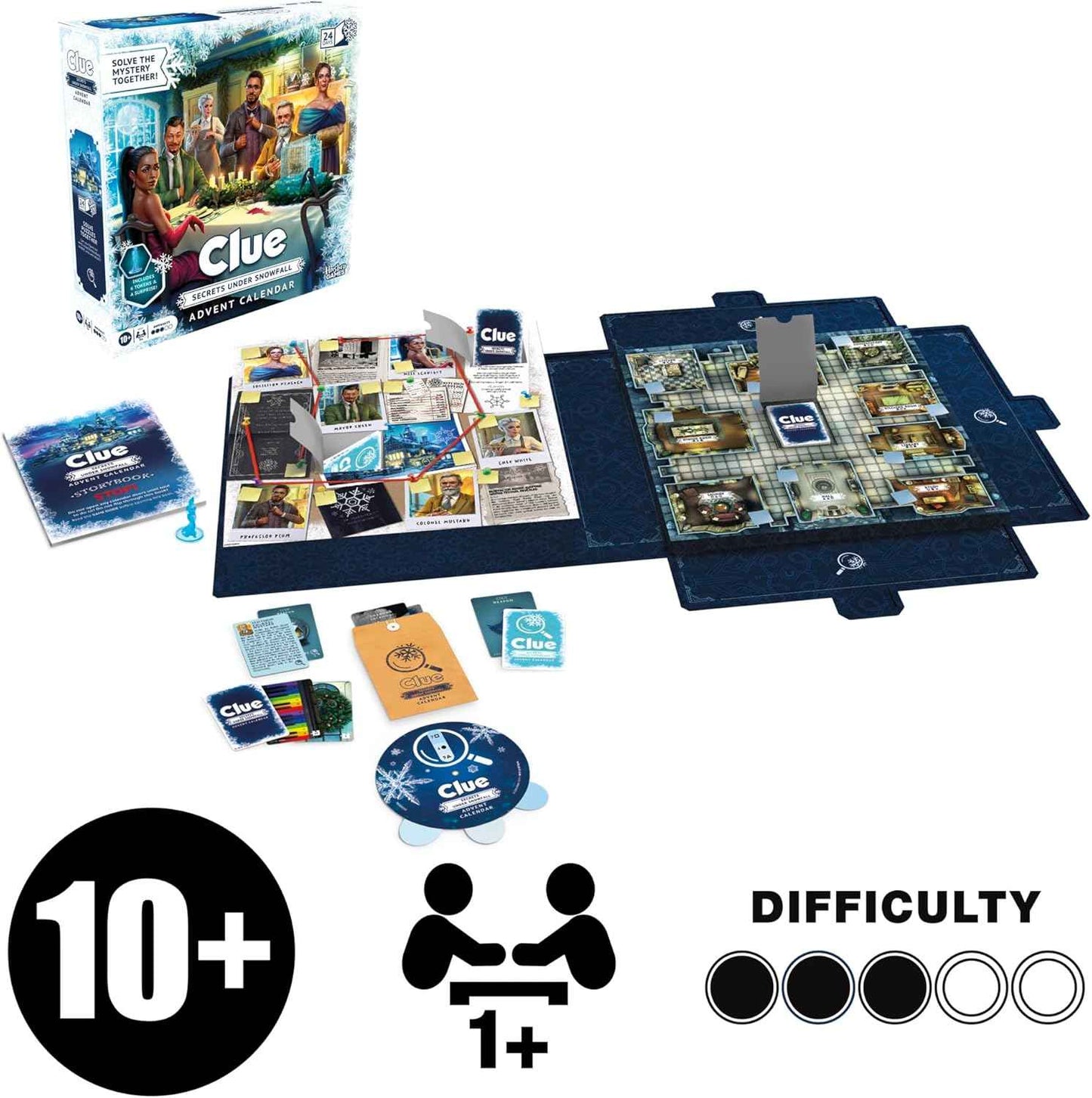 Clue Advent Calendar: Secrets Under Snowfall | 24 Days | Family Mystery Games | with 6 Winter-Themed Tokens and Surprise | Ages 10+ | 1+ Players