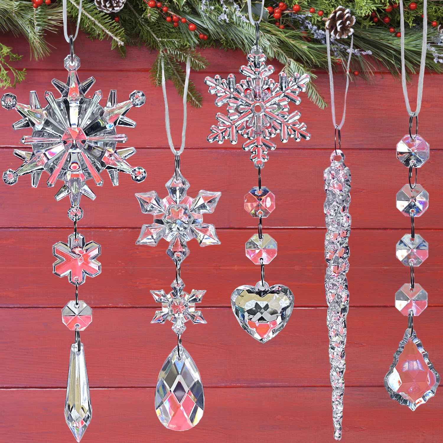 Jishi 21pcs Crystal Christmas Ornaments for Christmas Tree Decorations, Hanging Crystals Acrylic Snowflake Icicle Ornaments Set w/Drop Pendants for Winter Wonderland, Holiday Home Decor Party Supplies