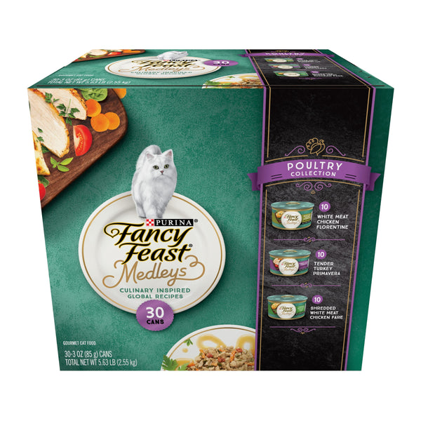 Purina fancy feast medleys poultry collection 3 oz wet cat food variety pack for adult cats (pack of 30)