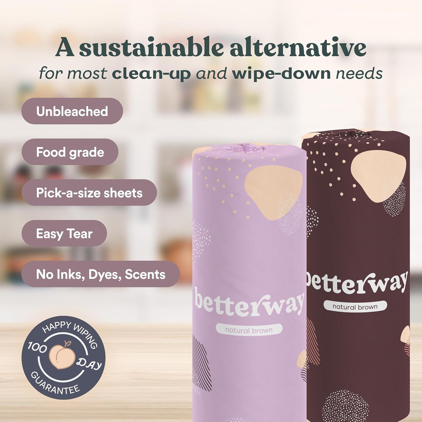 Betterway Bamboo Natural Brown Paper Towels - 8 Rolls, 2 Ply, 110 sheets - Plastic Free, PFAS Free, Disposable Kitchen Paper Towels - Select Size, Tree Free, Compostable, Strong & Absorbent