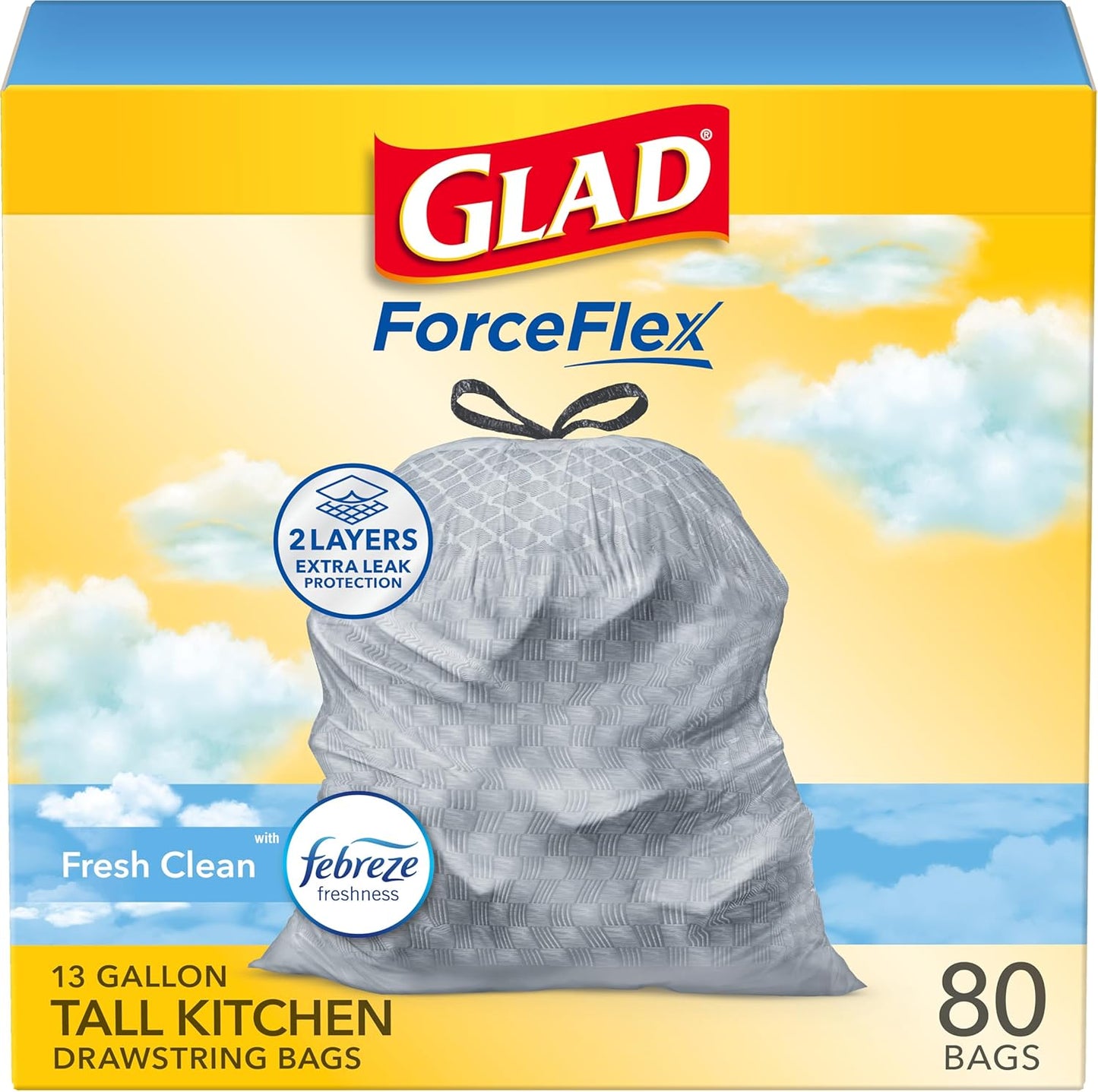 Glad ForceFlex Tall Kitchen Trash Bags, 13 Gallon, Gain Fresh Clean, 40 Count (Package May Vary)